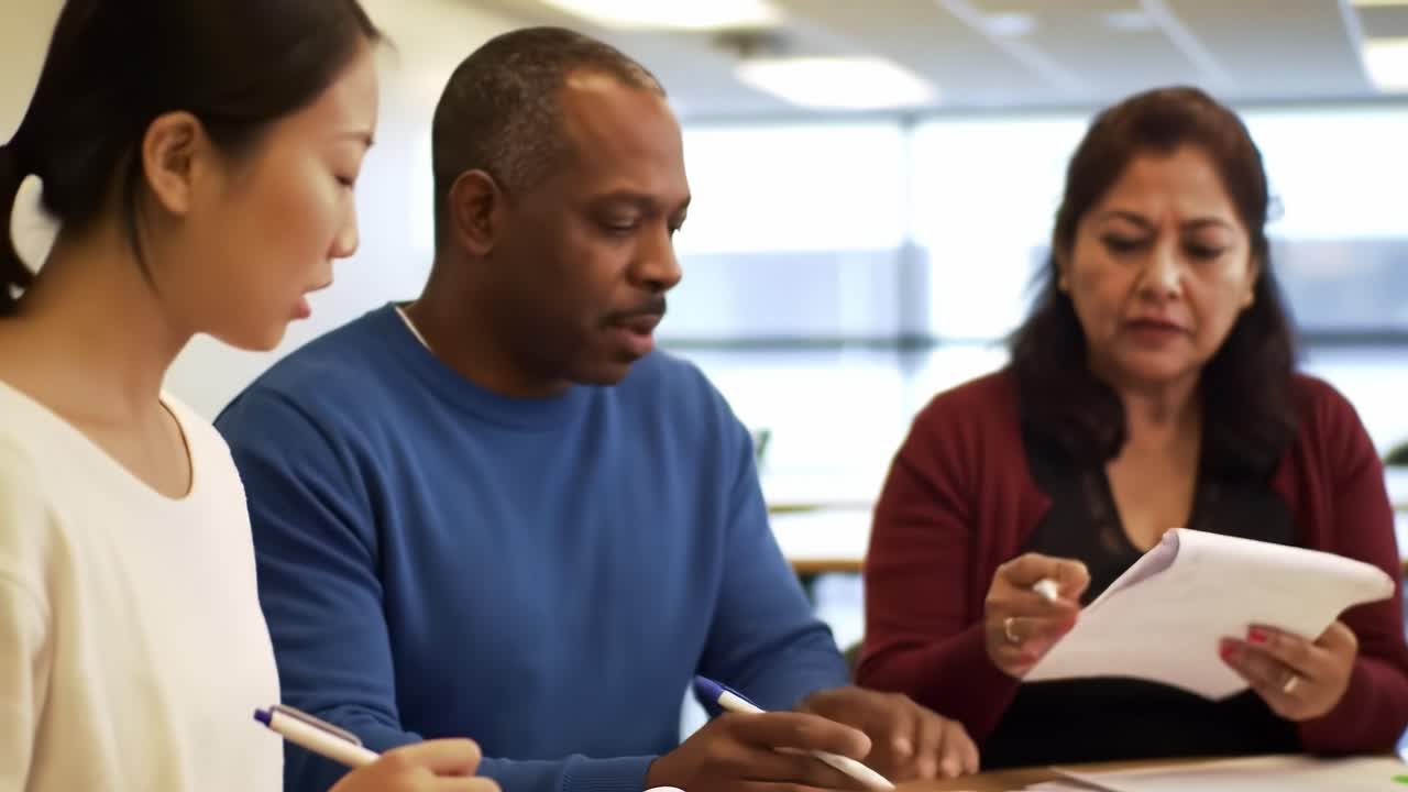 Group of Diverse Individuals Engaged in Discussion Around a Table, Analyzing Documents and Taking Notes in a Bright Academic Environment