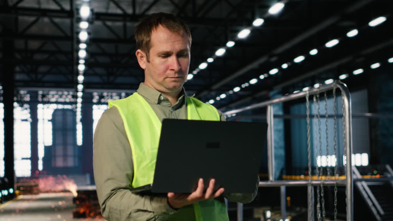 Worker performing inspection over fabrication tasks on laptop