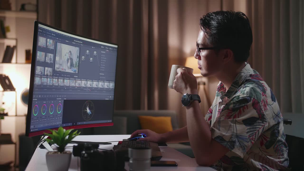 hombre editando video en casa