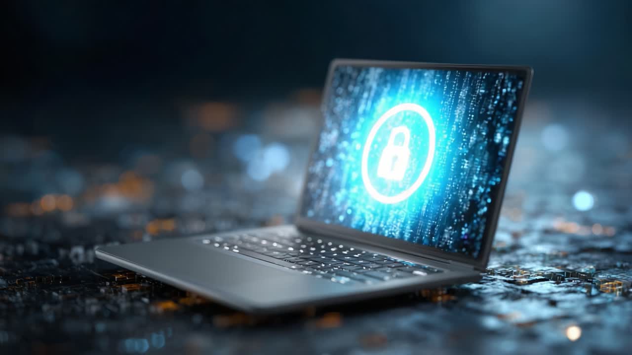 A Dynamic Journey of Cybersecurity: A Laptop Displaying Lock Icon with Data Streams, Representing Digital Protection and Internet Security Innovations