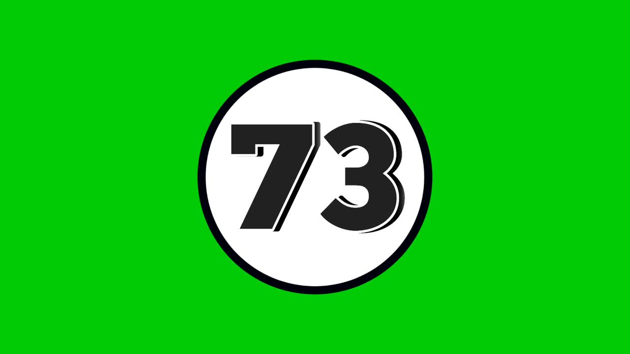 Number 73 symbol sign animation motion graphics cartoon black color on green screen background.numbers in white circle suitable for video elements