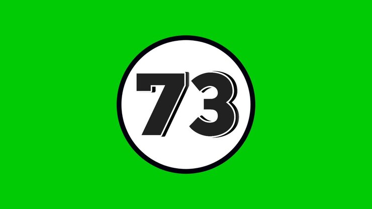 Animazione del simbolo del numero 73, grafica in movimento in stile cartone animato, colore nero su sfondo green screen. Numeri in cerchio bianco adatti per elementi video