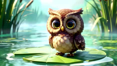 a charming cartoon owl stands proudly on a lily pad surrounded by a serene pond, capturing the essence of playfulness and nature's beauty in a vibrant setting