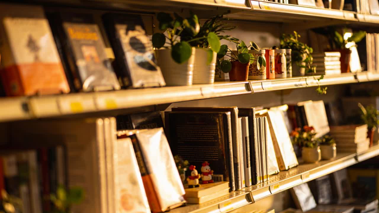 Obiettivo che si sposta, cambiando la messa a fuoco e accentuando i libri centrali, un vaso bianco e due statuine in casa.