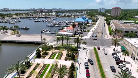 aerial fast push over the retail district in daytona beach florida