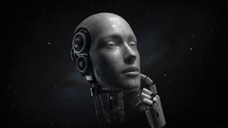 A Stunning Robotic Head Emerging from a Cosmic Background, Showcasing Advanced AI Technology and Futuristic Design in a Mysterious Space Setting