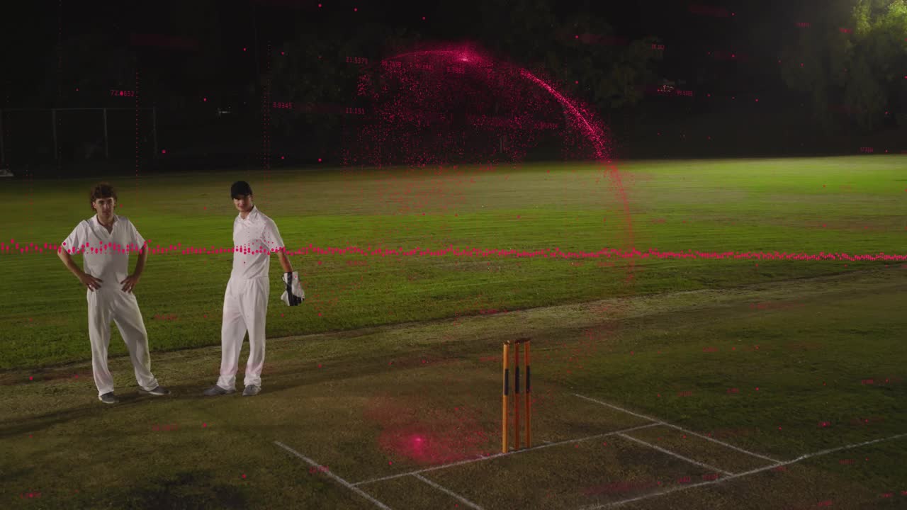 3 cricketspelers die elkaar een high five geven en dan na een gesprek naar een rode laser kijken, juichend terwijl de batsman het veld verlaat