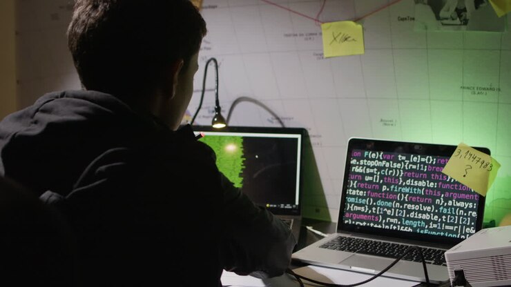 rückansicht eines hackers, der spät in der nacht am computer arbeitet und netzwerkdatenbankdaten stiehlt