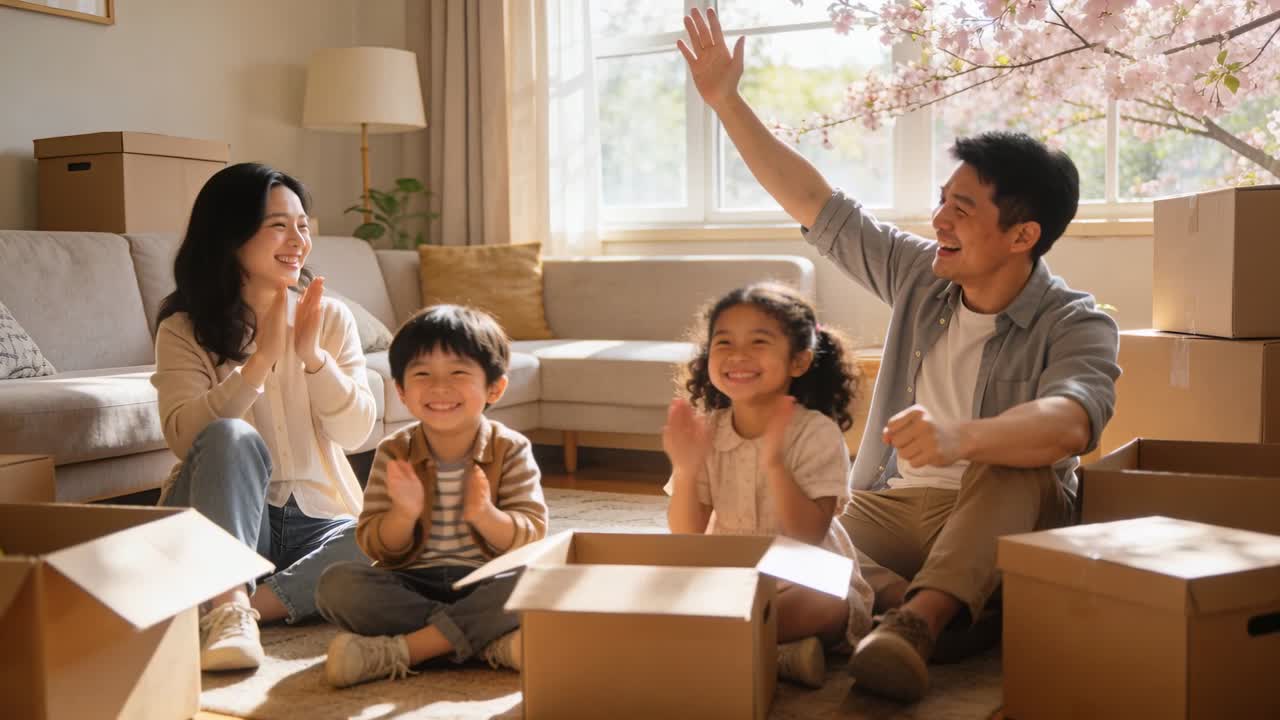 一家四口坐在客廳地毯上，打開箱子並揮手，慶祝喬遷之喜。