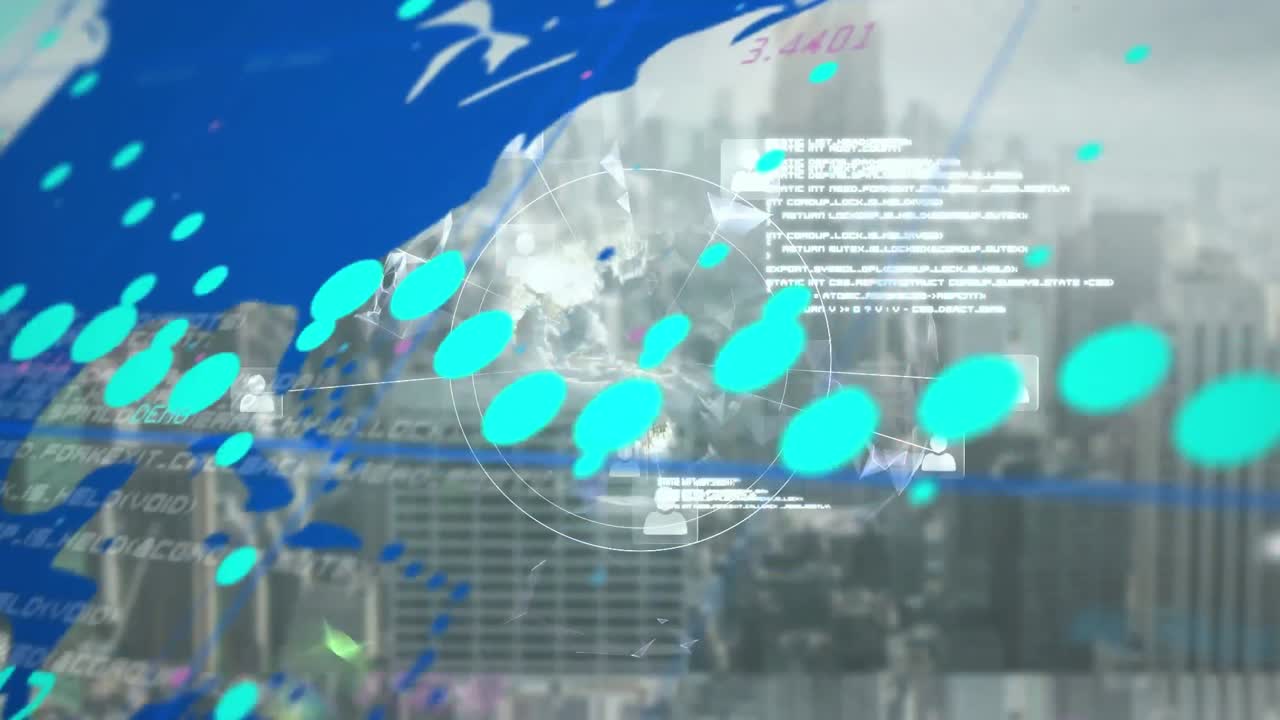 도시 풍경 위의 데이터 처리 애니메이션