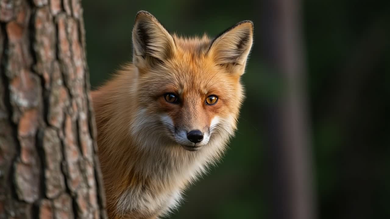 A Mesmerizing Red Fox Peeks from Behind a Tree, Capturing the Wild's Intrigue and Beauty in Two Stunning Frames