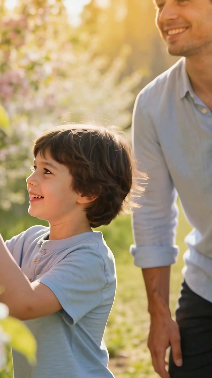Video verticale: Bambino in maglietta blu che si allunga e coglie un fiore, guidato dal padre in giardino.