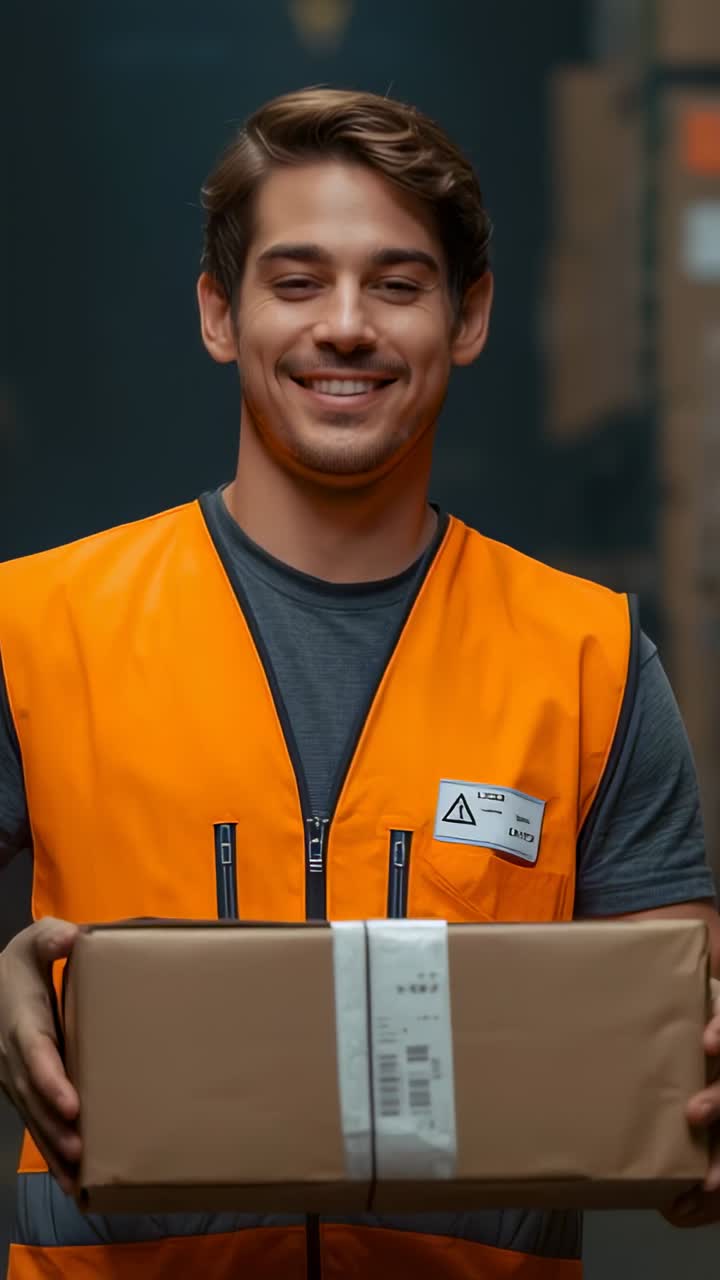 Vertical video: Showing courier in safety vest holding box in warehouse aisle, greeting viewer