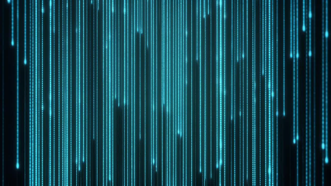 Abstract digital rain effect with vertical blue lines, resembling a futuristic video