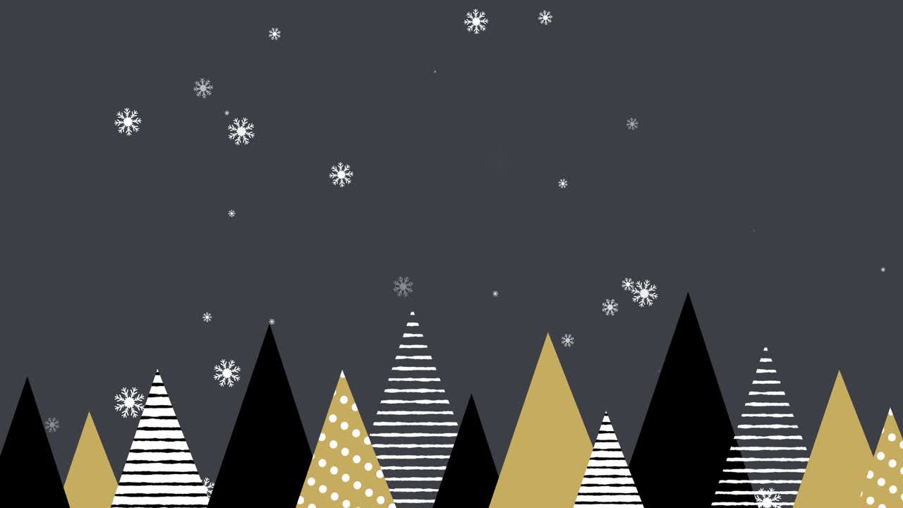 copos de nieve cayendo en los árboles de navidad contra un fondo gris