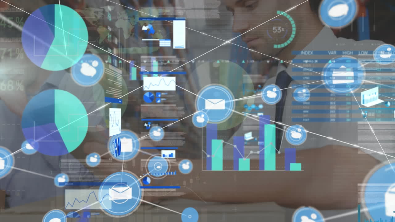 창고에서 일하는 사람 위의 아이콘과 연결 네트워크의 애니메이션