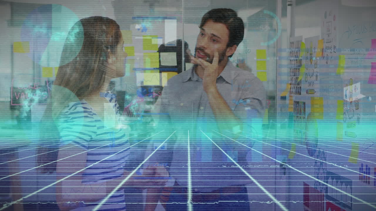 animación del procesamiento de datos financieros y líneas de neón sobre diversas personas de negocios que se reúnen.