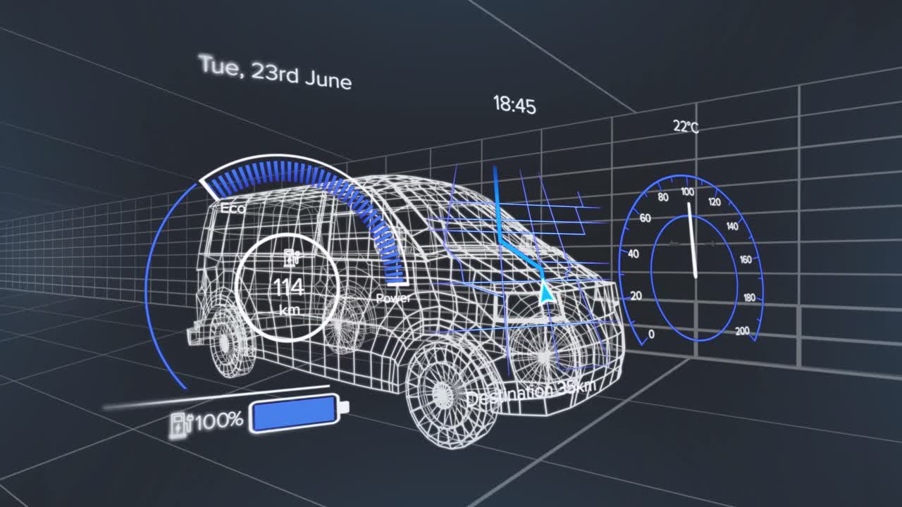 animación de velocímetros, icono de carga de la batería sobre un modelo 3d de furgoneta contra un fondo negro