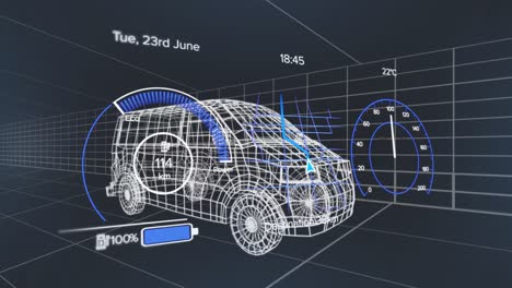 Animation-Von-Tachometern,-Batteriesymbol-Wird-über-3D-Modell-Eines-Lieferwagens-Vor-Schwarzem-Hintergrund-Geladen