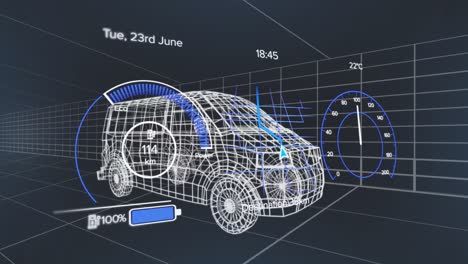 Animación-De-Velocímetros,-Icono-De-Batería-De-Carga-Sobre-Un-Modelo-3D-De-Furgoneta-Sobre-Fondo-Negro.