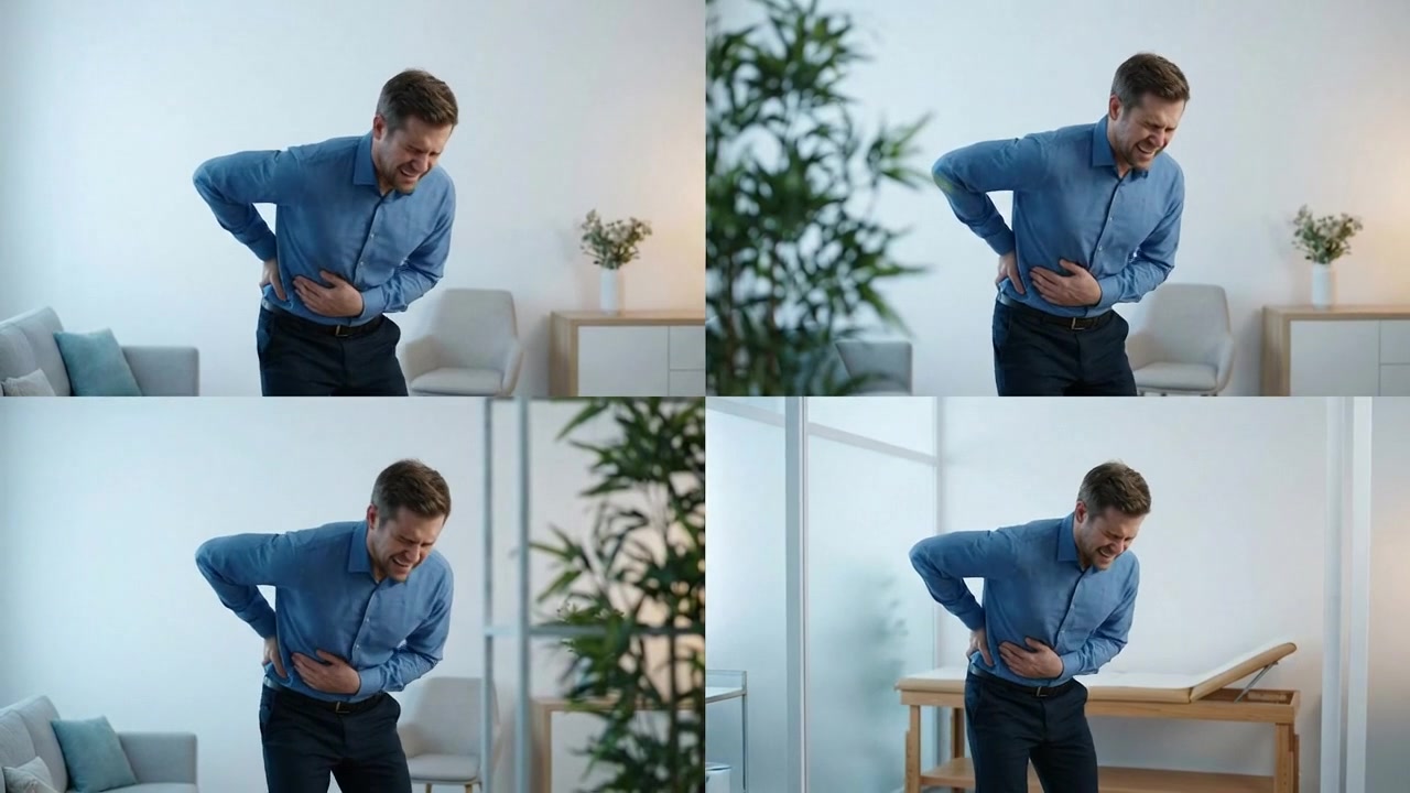 Four panel sequence of man pressing his painful lower back inside a modern home