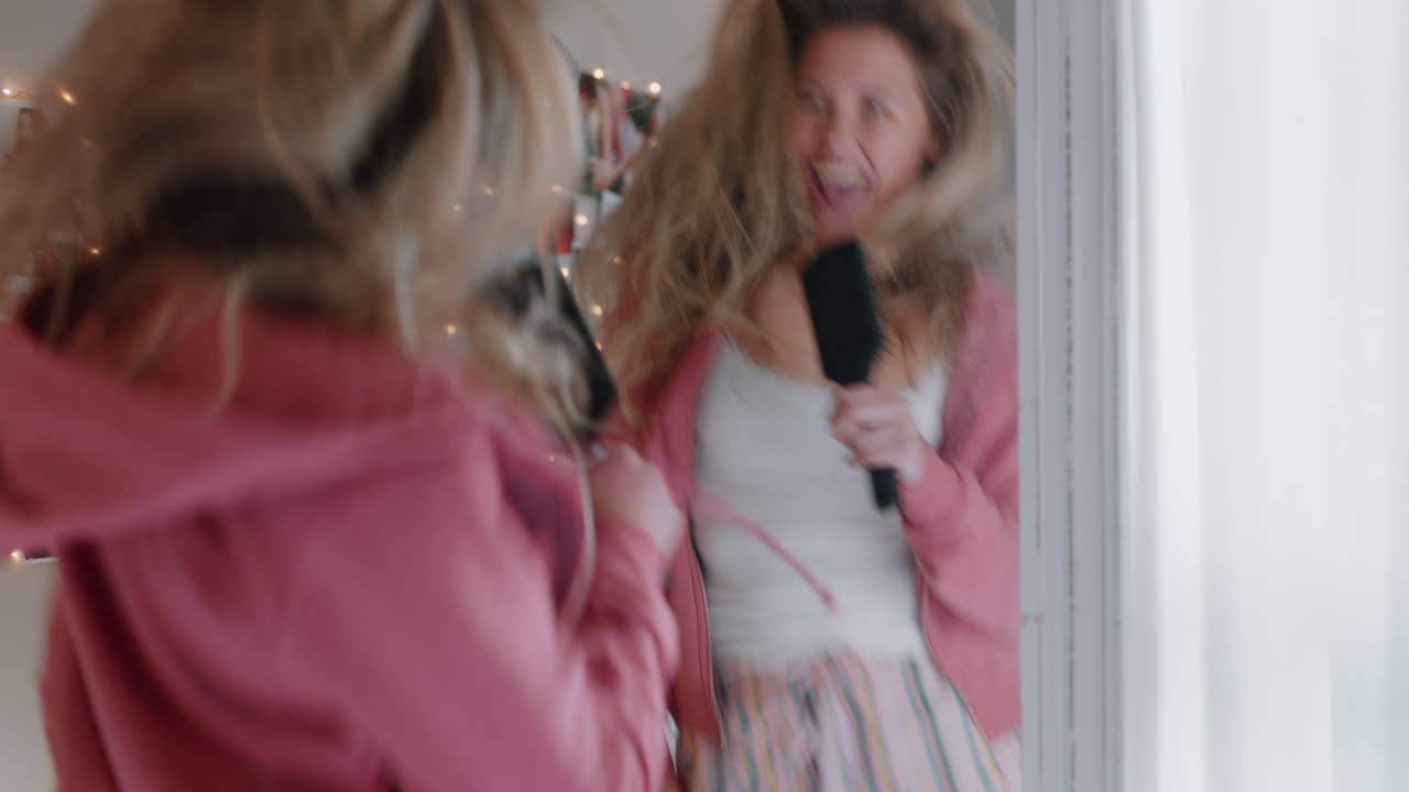 uma adolescente feliz a dançar no quarto ao som da música a celebrar o fim-de-semana a divertir-se a cantar em pijama em casa