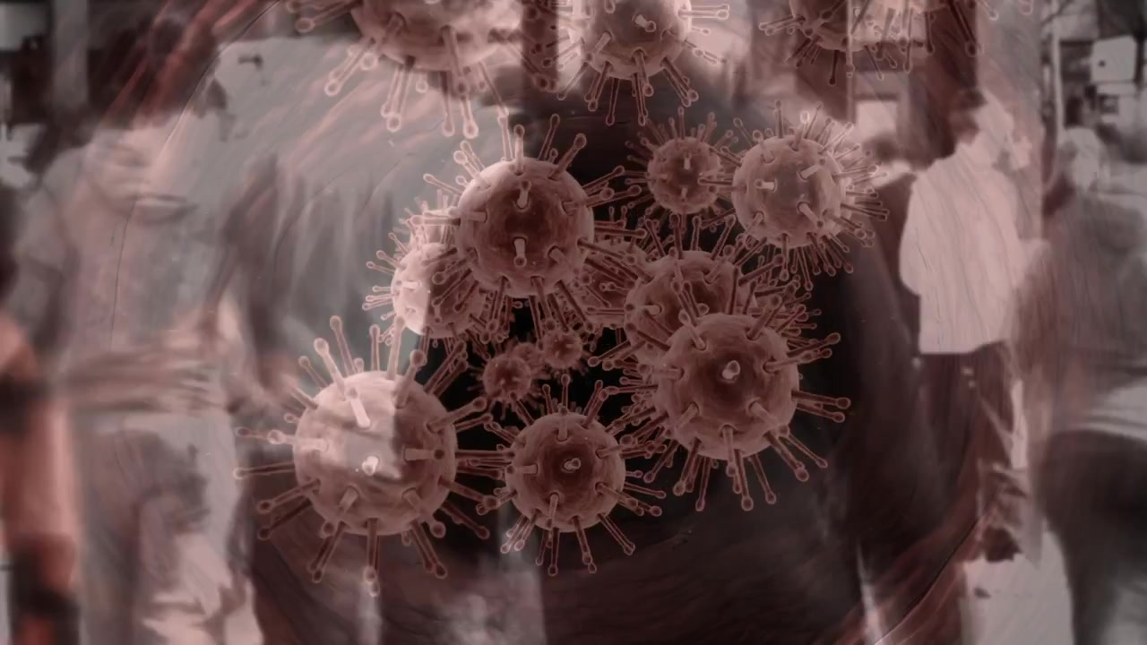 Animazione del coronavirus contro una folla multirazziale che cammina per strada.