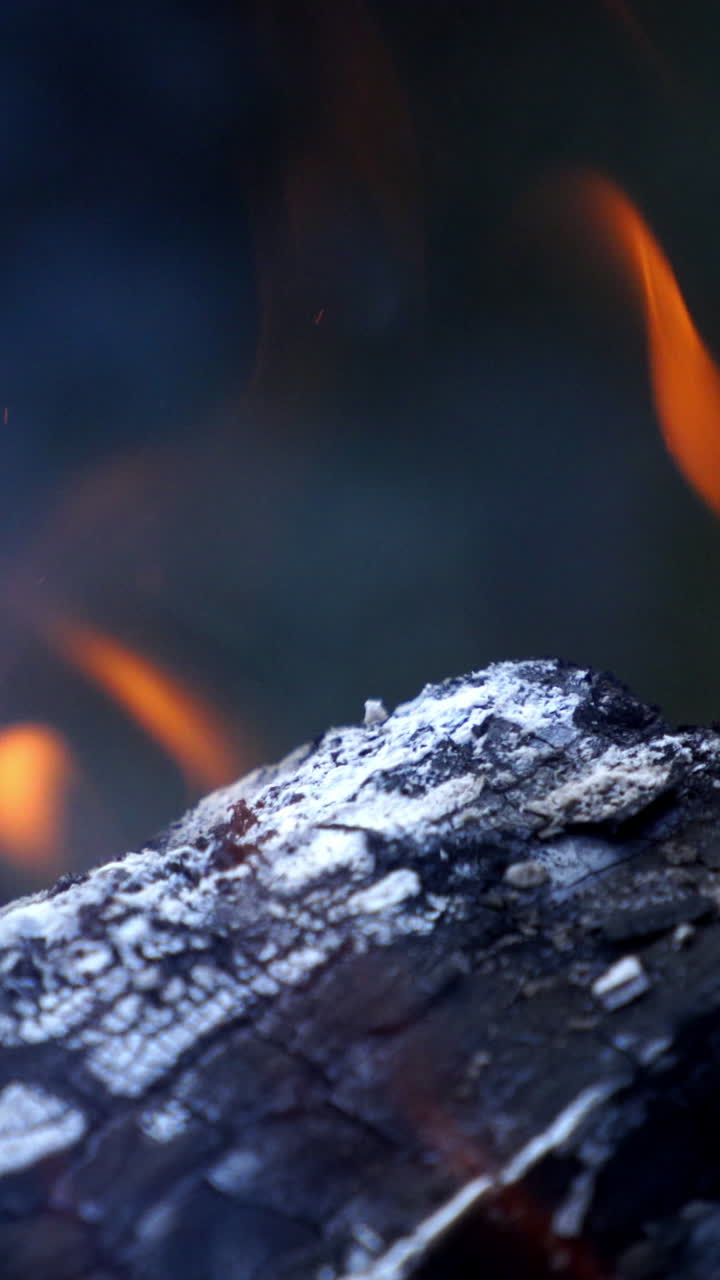 Firewood in flame close up. Fire flames of dying embers, close up