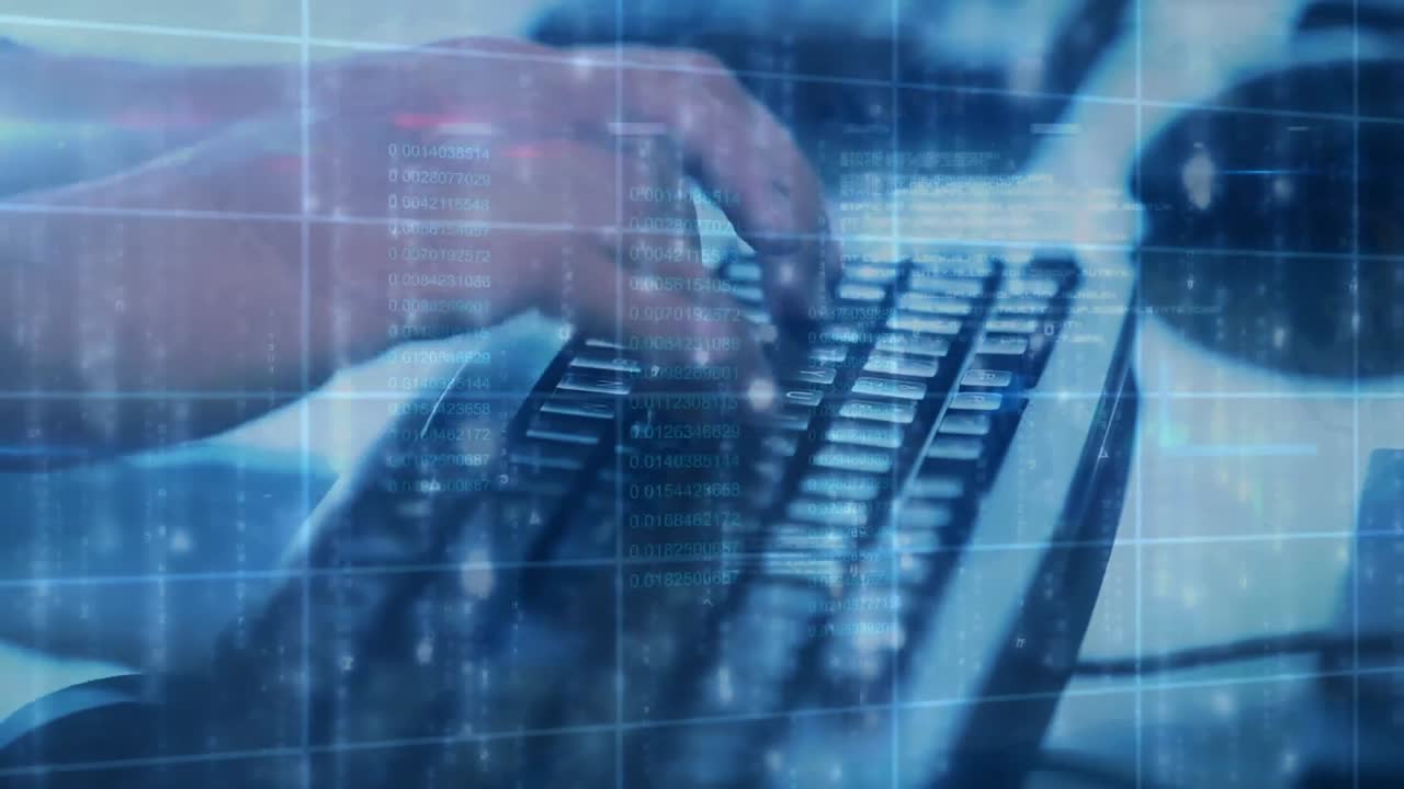 통계 및 금융 데이터 처리의 애니메이션 컴퓨터 키보드에 타입하는 사람 위에