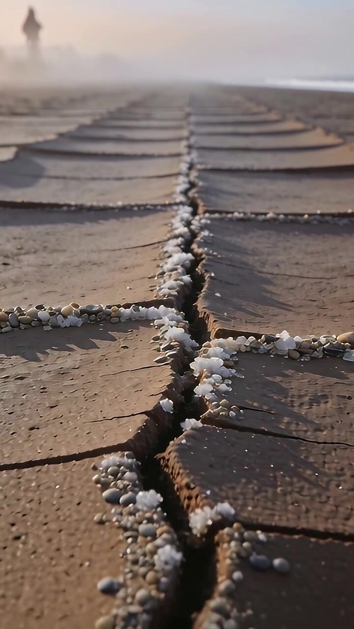 Vertical video: Moving camera along cracked tiles to misty shore, showing salt and figure in coat