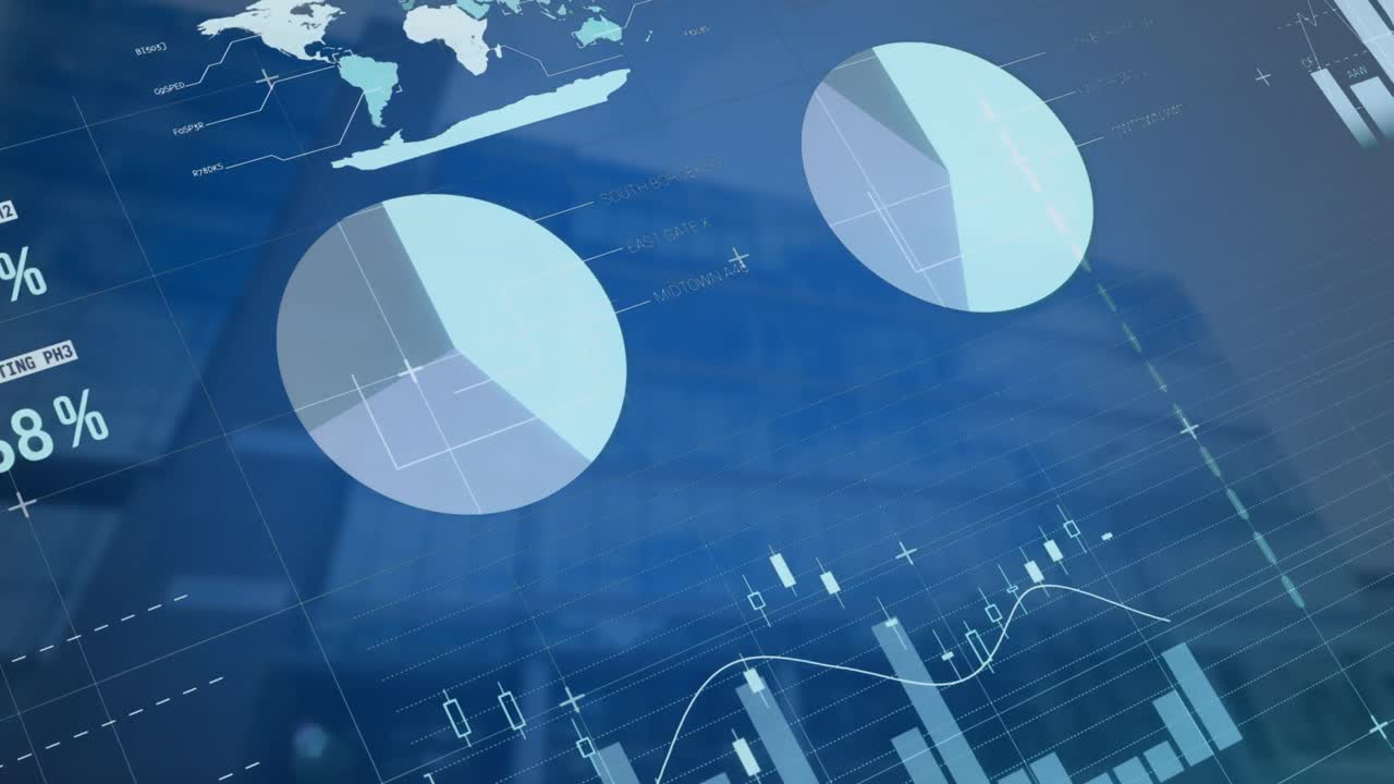 하늘을 배경으로 현대 건물의 낮은 각도 뷰를 통해 인포그래픽 인터페이스의 애니메이션