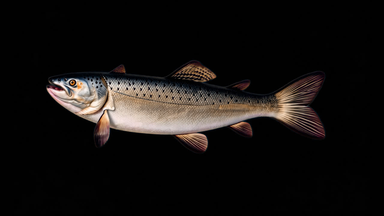 Detailed illustration of salmon animation isolated asset, transparent 4K video, alpha channel