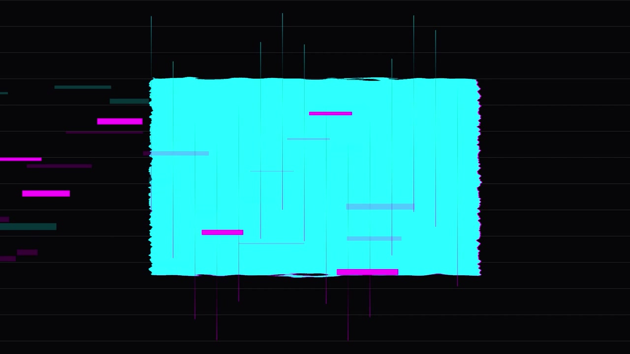Abstract Digital Glitch Effect with Cyan Rectangle on Black Background