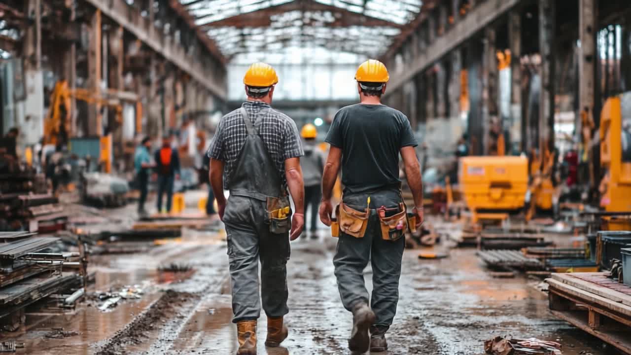 Two Construction Workers Walking Through an Industrial Facility, Showcasing the Teamwork and Dedication in a Busy Work Environment