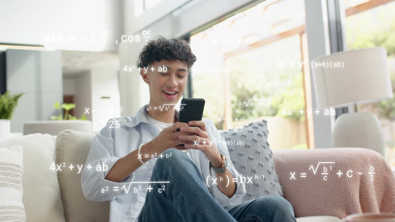 Seated male tapping smartphone while math equations growing and surrounding him during learning