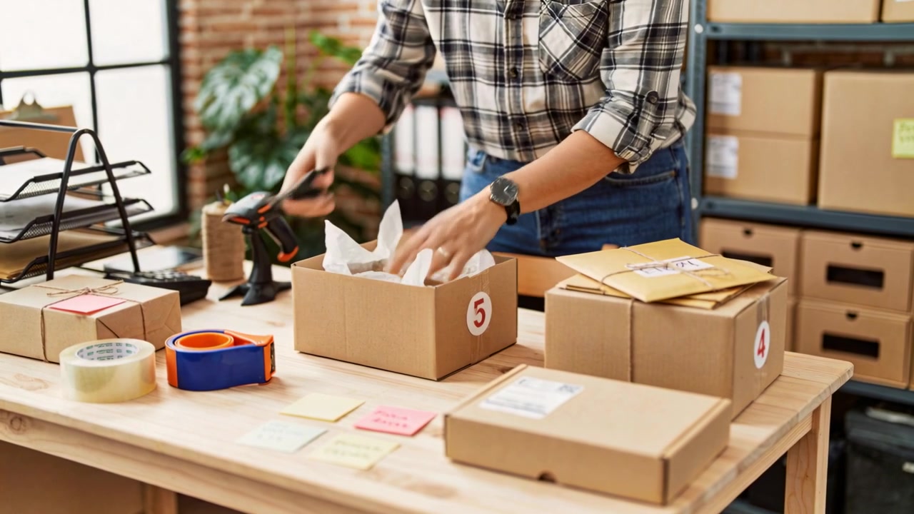 Packing packer in plaid shirt starting orders padding arranging grabbing tape sealing boxes at home