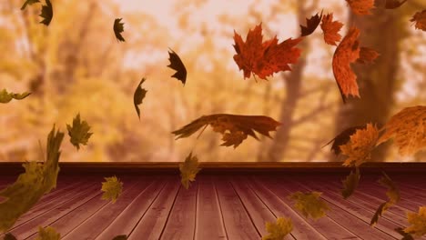 animación de hojas de otoño flotando sobre una tabla de madera contra los árboles en el parque con espacio de copia