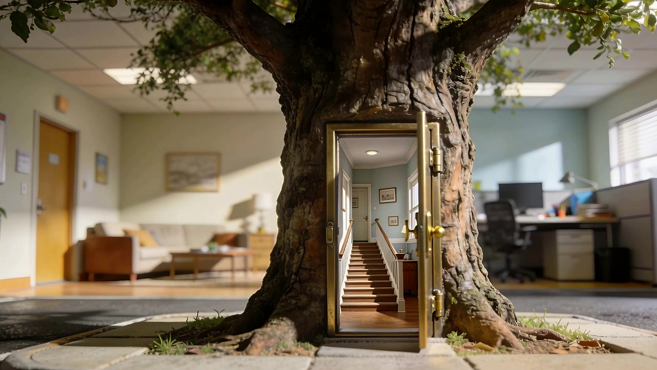 Una porta di ottone socchiusa in un tronco d'albero che si spalanca, rivelando scale in moquette nella reception di un ufficio.
