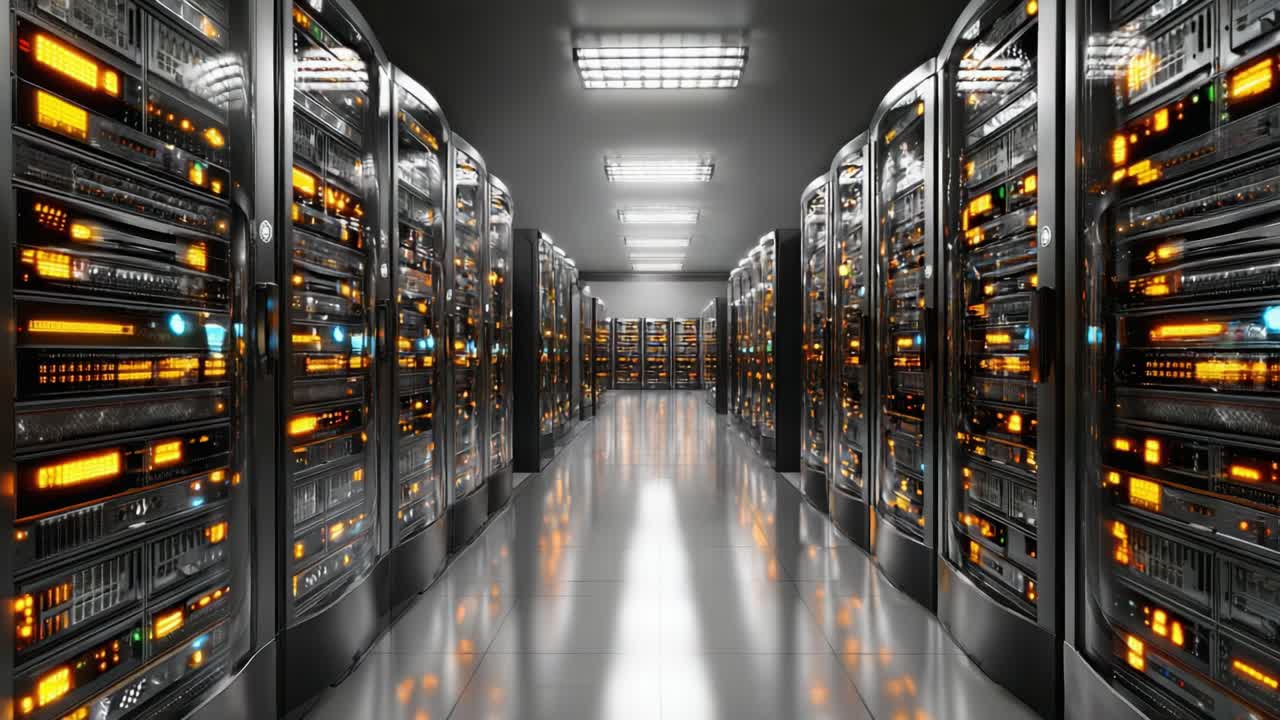 A modern data center showcasing rows of advanced servers with illuminated panels, highlighting the technological infrastructure that supports digital operations and cloud computing