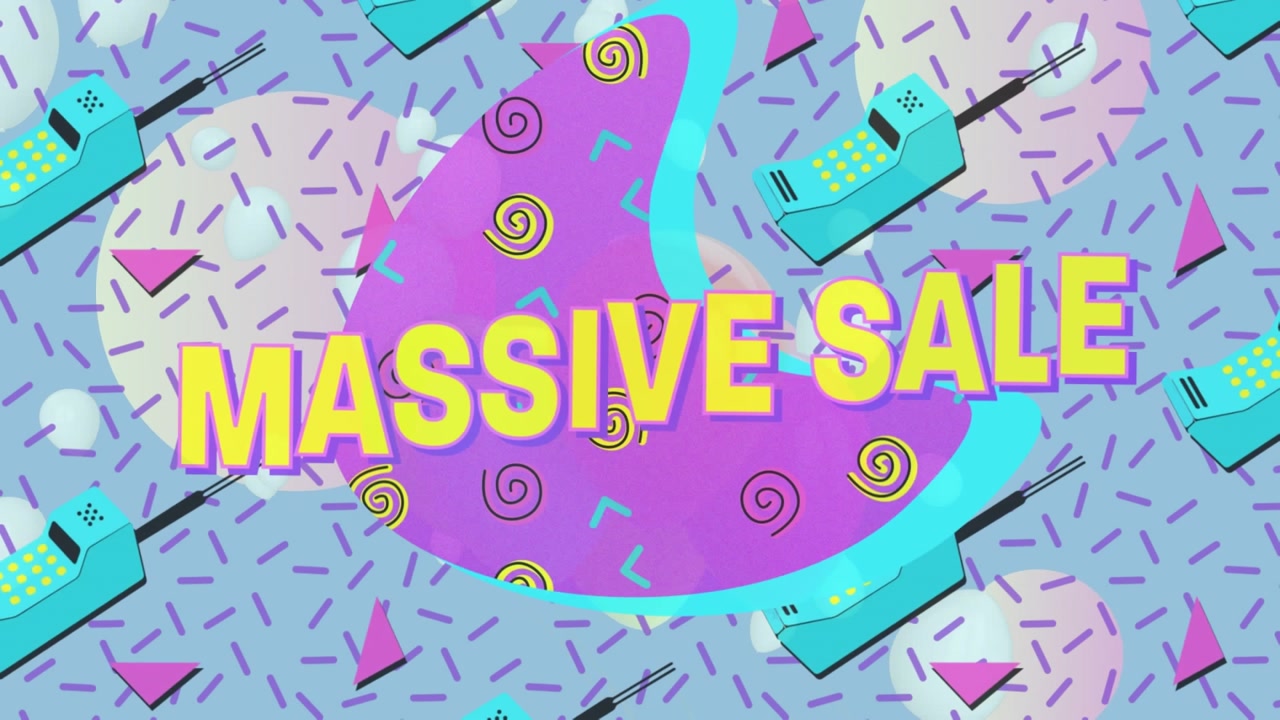 Animation of massive sale text banner over phone icons in seamless pattern and abstract shapes