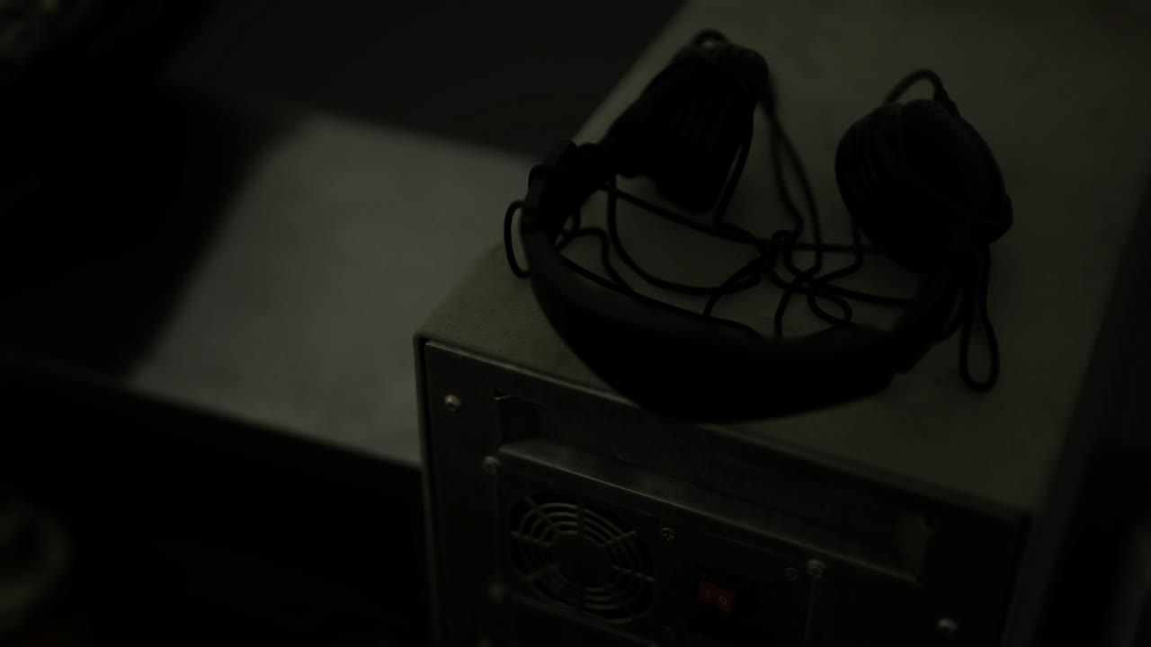 Attrezzatura da fonico notturno: cuffie vintage su amplificatore.