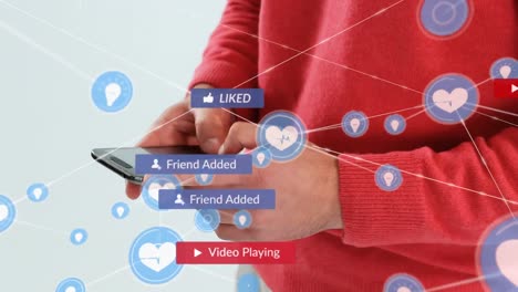 animación de barras de notificación e iconos conectados, sección media de un hombre caucásico escribiendo en un teléfono celular