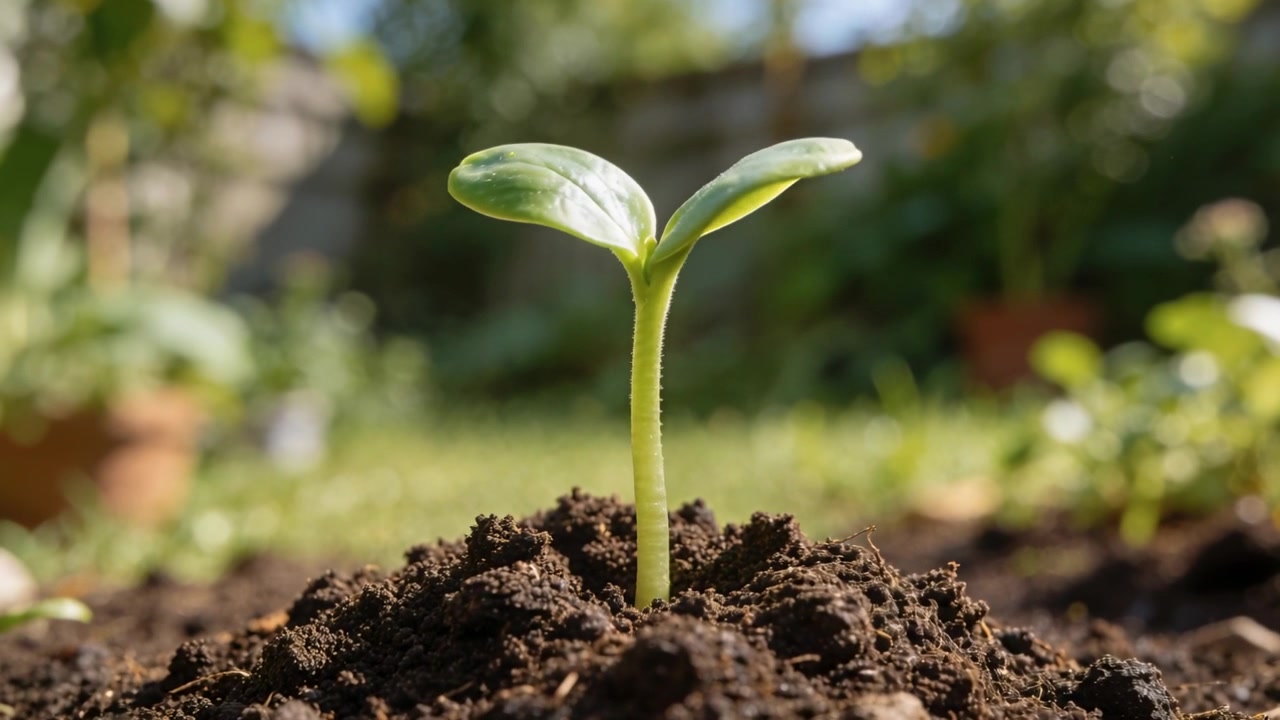 Piantina in crescita che si protende verso il sole in un'aiuola nel cortile, con la luce che arriva, insieme a vaso e terra.