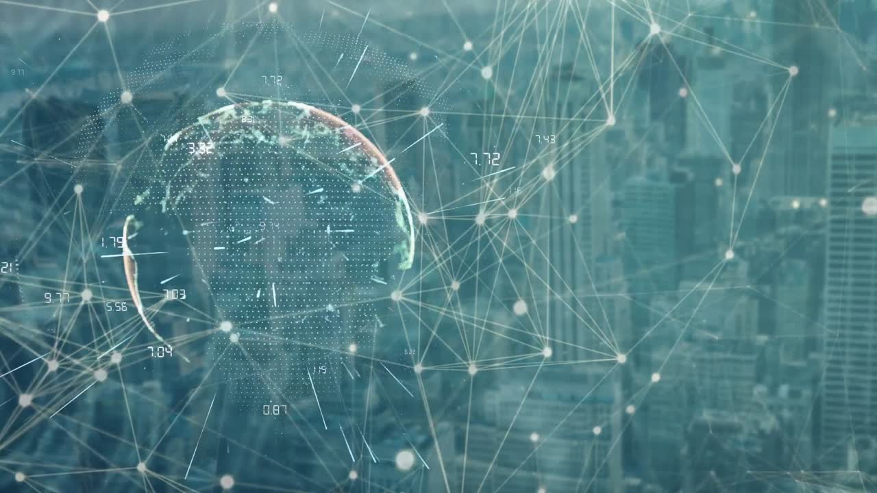 Network of connections and spinning globe against cityscape
