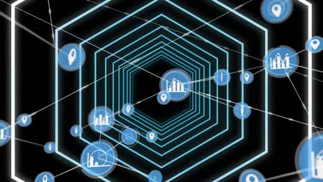 Netzwerk-Digitaler-Symbole-Vor-Neongrün-Leuchtendem-Sechseckigem-Tunnel-Auf-Schwarzem-Hintergrund