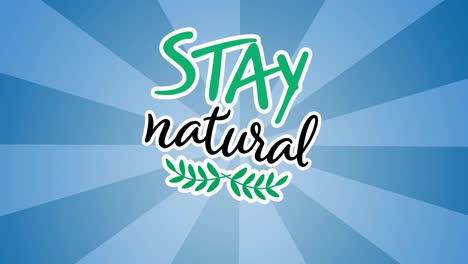 animation of stay natural text and leaves logo on striped blue background