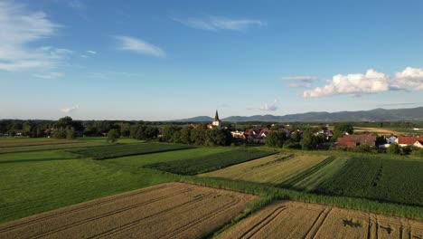 Drone-flight-above-a-cornfield-near-a-village