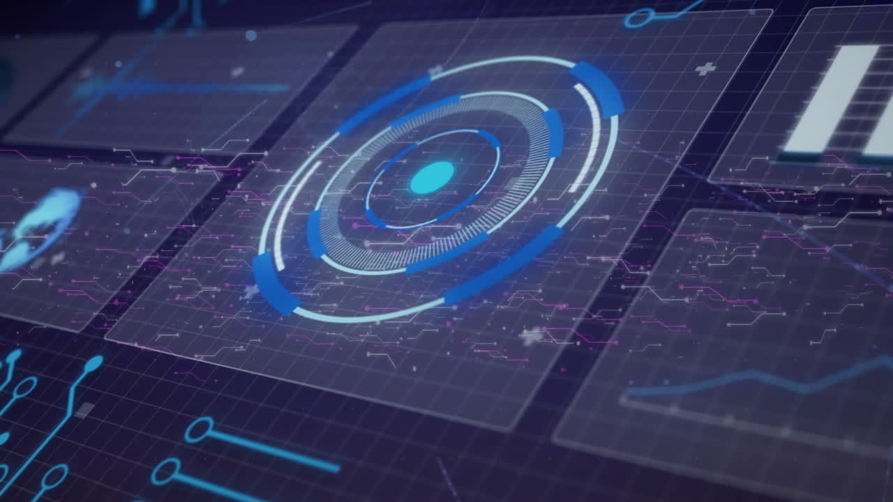 Animation of digital data processing over screens on dark background