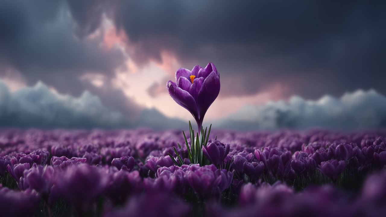 Vibrant Purple Crocus Flower Stands Tall Amidst a Sea of Blossoming Petals Under a Dramatic Cloudy Sky, Symbolizing Resilience and Beauty in Nature