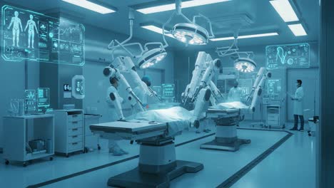advanced surgical theater with robotic assistants and high-tech monitoring systems enhances precision and efficiency in medical procedures
